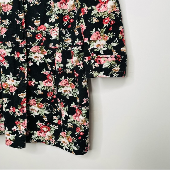 VINTAGE Floral Pink Retro Print Black Collared Blazer Duster Coat Jacket - Picture 6 of 7